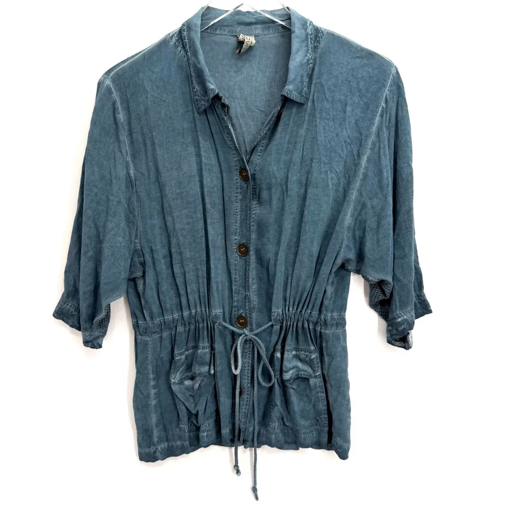 XCVI Lightweight Button Up Jacket Size S Pockets 3/4 Sleeve Blue Cinch Waist